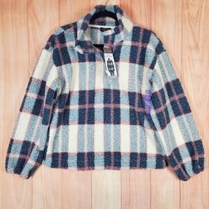 Berkley Jensen Womens Fleece Jacket Small Oversized Plaid‎ Long Sleeve Pullover